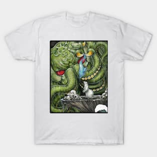 Cthulhu Feeding Ferret - Black Outlined Version T-Shirt